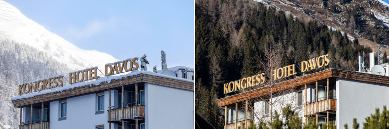فندق كونغرس بدافوس في يناير 2017 إلى اليسار وفي يناير 2023 إلى اليمين.