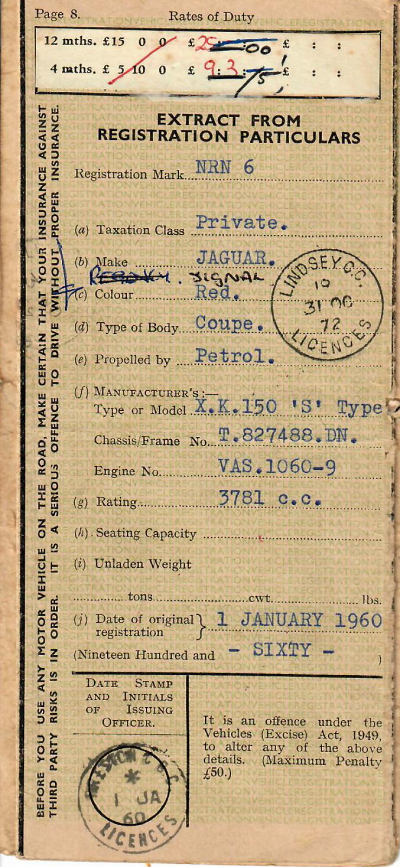 عقد تسجيل السيارة التي تعود إلى عام 1960.