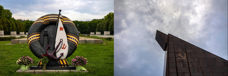 إكليل زهور أمام تمثال في الحديقة على اليسار، وراية مبنية من الجرانيت الأحمر عليها شعار المطرقة والمنجل السوفييتي. 