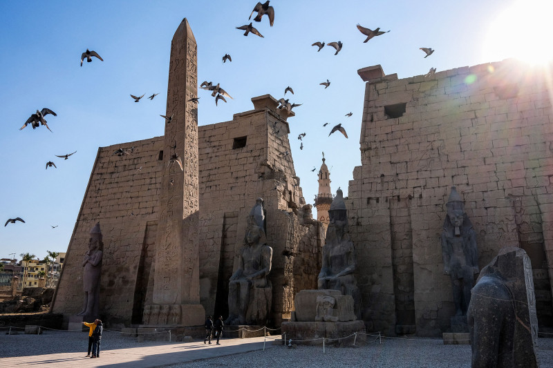 يطير الحمام عبر مسلة الأقصر المتبقية وتمثال رمسيس الثاني خارج أبراج معبد الأقصر في مدينة الأقصر جنوب مصر 