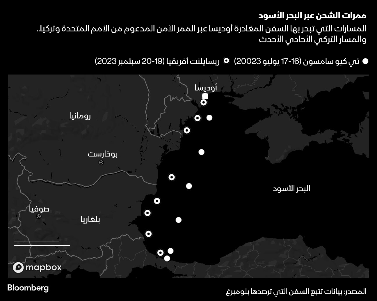 خريطة توضح مسار شحن الحبوب عبر البحر الأسود عبر المسار الأوكراني الجديد، والممر الأمن المدعوم من الأمم المتحدة وتركيا