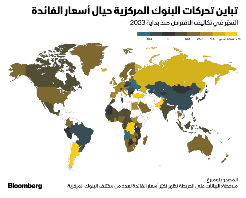 خريطة توضح قرارات البنوك المركزية لمحاربة التضخم حول العالم