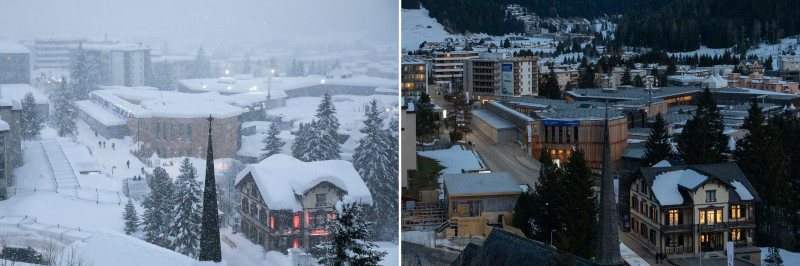 تساقط الثلوج بكثافة حول مركز مؤتمرات دافوس في يناير 2018 إلى يسار الصورة والتي بالكاد تظهر على اليمين الآن.