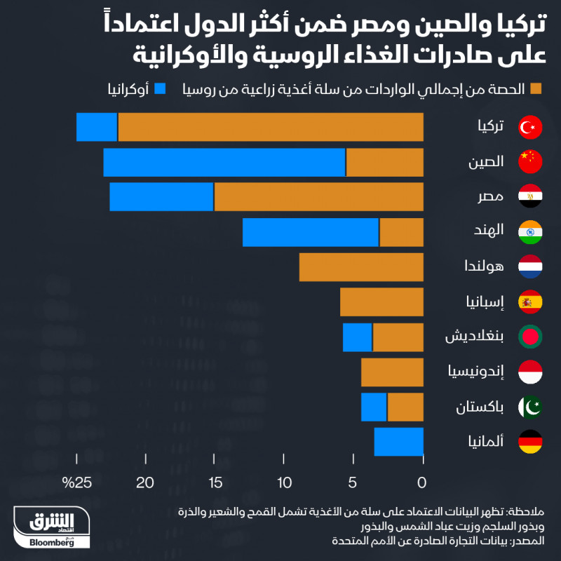 أكثر الدول اعتماداً على صادرات الغذاء من روسيا وأوكرانيا
