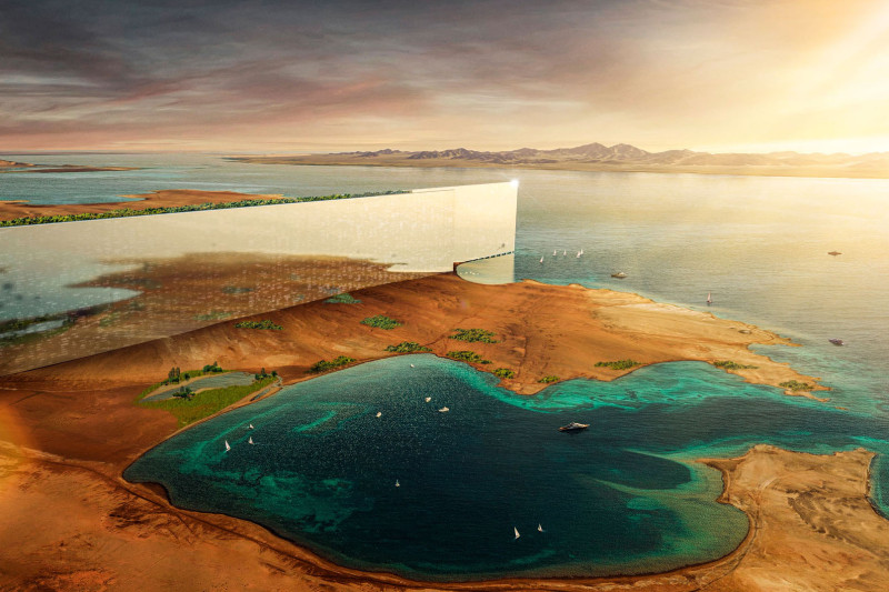 صورة فنية لما ستكون عليه مدينة "ذا لاين" ذات جدران المرايا عند إنجازها في مشروع "نيوم" في شمال غرب السعودية
