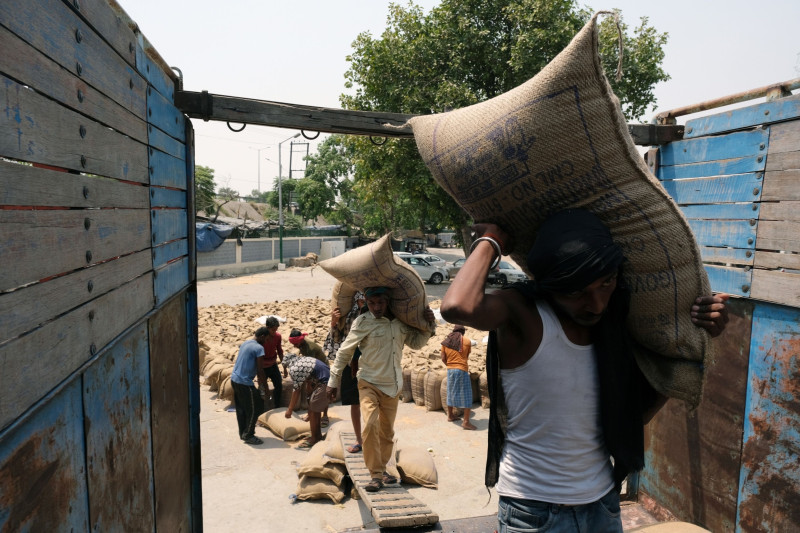 عمال يقومون بتحميل أكياس القمح على شاحنة بسوق الحبوب في البنجاب، في وقت سابق من شهر أبريل. 
