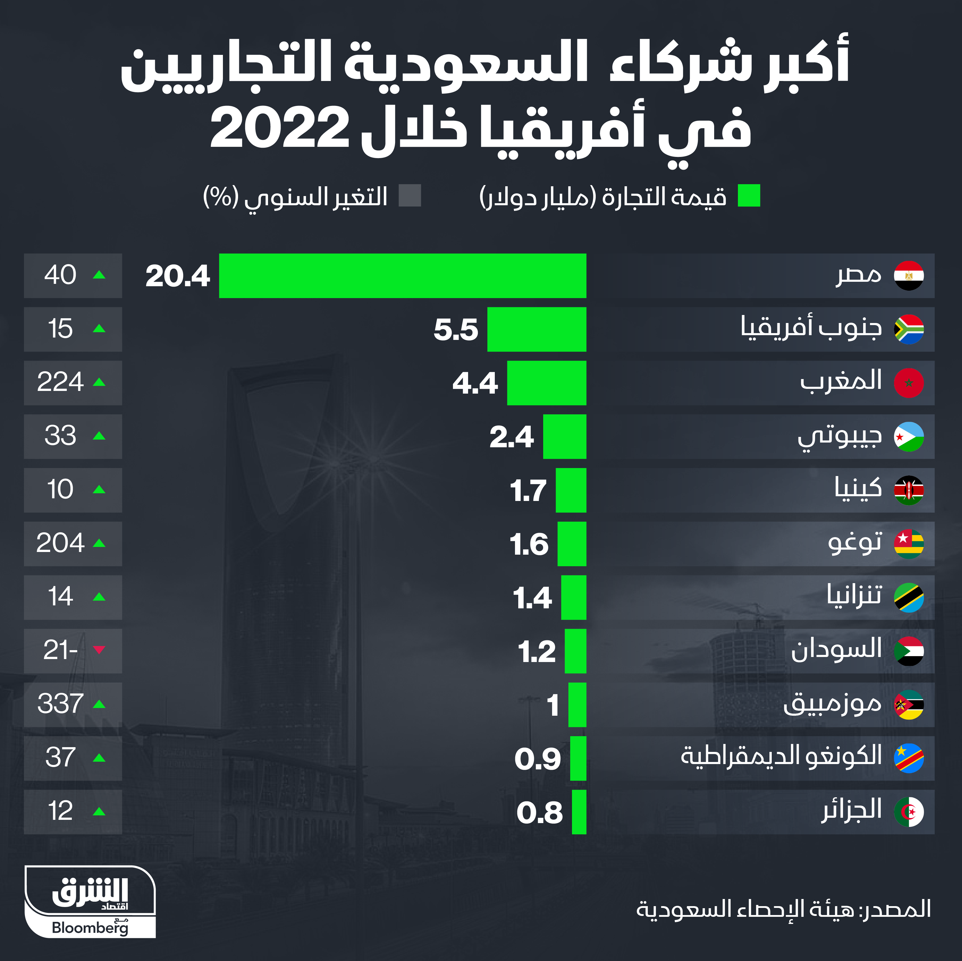 مصر هي أكبر شركاء السعودية في القارة الأفريقية خلال 2022
